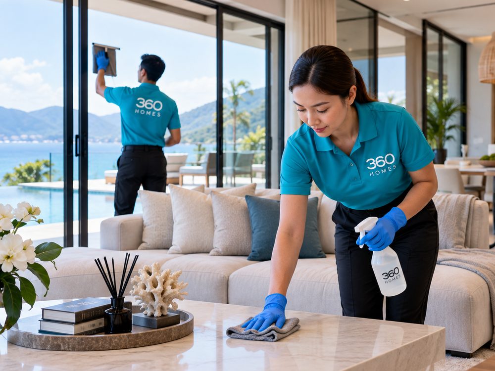Cleaner in a 360HOMES uniform wiping a marble table